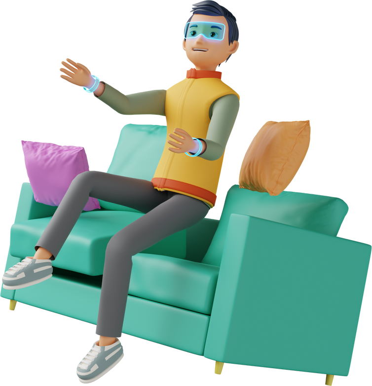 3d male character using VR  on the couch